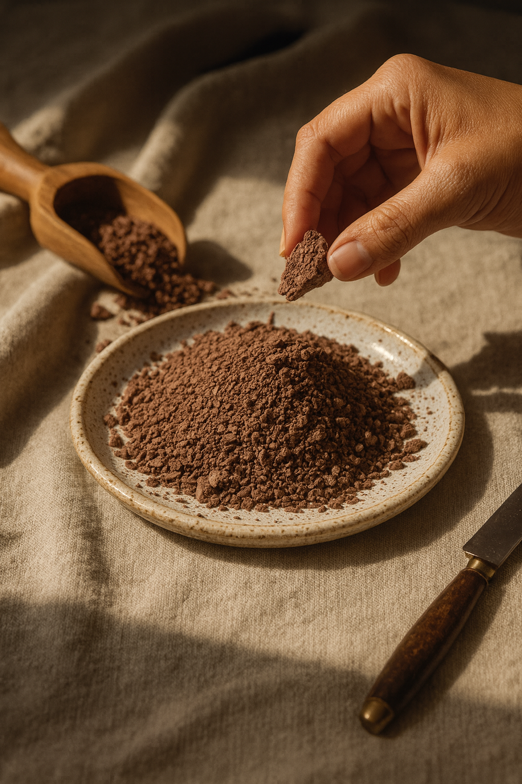 Pure ceremonial cacao flakes and whole-bean cacao shown on a ceramic plate with a hand holding a cacao piece.