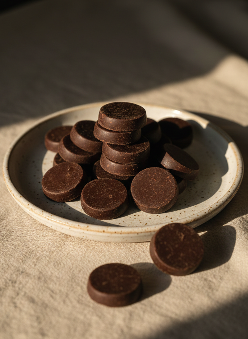 Ceremonial pure cacao discs made from whole-bean cacao, styled on a ceramic plate with warm shadows.